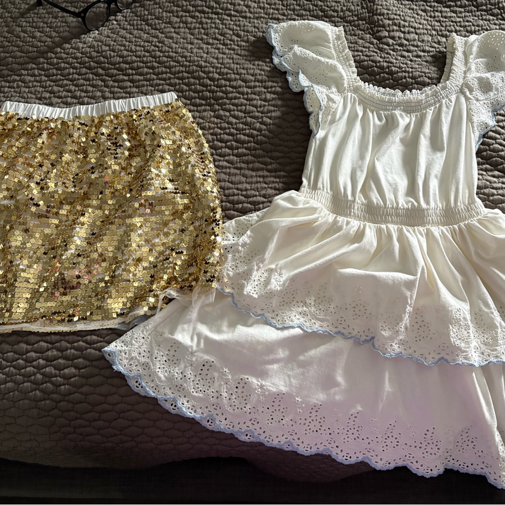 Crewcuts White Dress With Gold Sequin Skirt Set